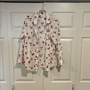 White Shirt with Red and Black Cherry Print